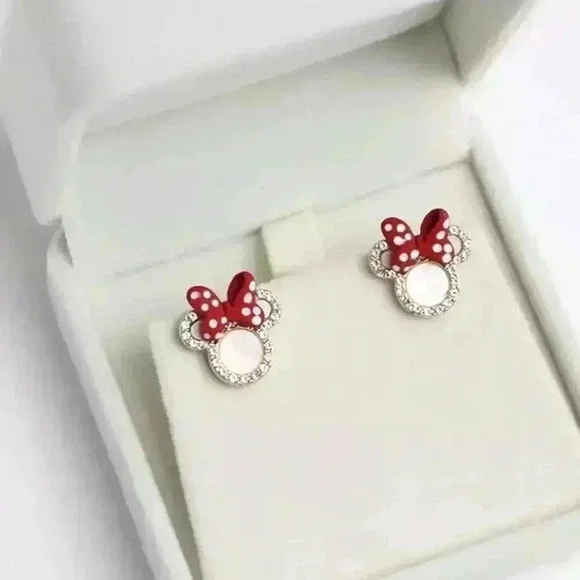 Minnie Mouse Disney World Gold Diamond Polka Dot Red Cute Mini Stud Earrings - Picture 2 of 6
